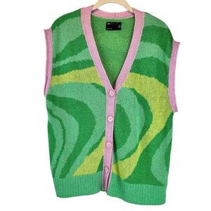 ASOS DESIGN Oversized V-Neck Knit Sweater Vest Funky Green Pink Retro Vibe Sz 2